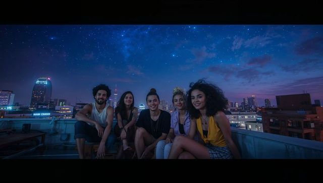 Friends Sitting on Rooftop Admiring Night City Skyline