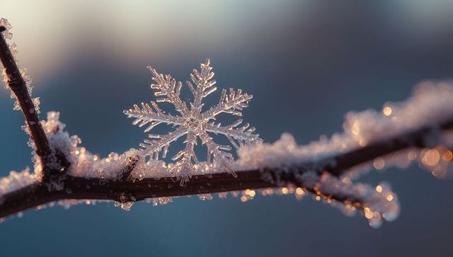 Close-Up of Solo Crystal Snowflake on Frosted Branch in Golden Light