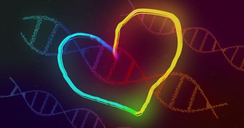 Rainbow Heart and DNA Strands on Dark Background