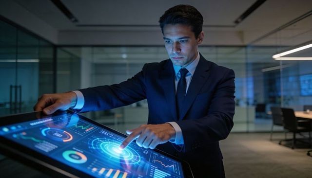 Executive analyzing interactive data dashboard on touchscreen table in modern office