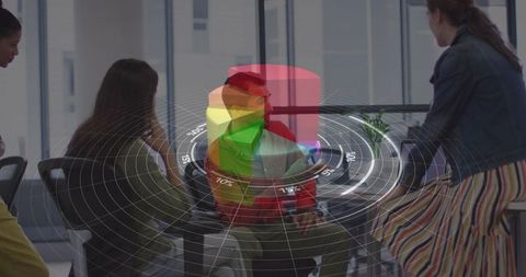 Team Analyzing 3D Data Graph in Modern Office