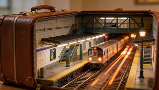 Vintage leather suitcase holding detailed miniature subway diorama with moving metro train