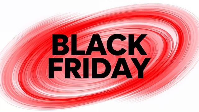 Black Friday Banner Featuring Red Brushstroke Swirl and Bold Black Typography
