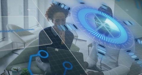 Business team collaborating with futuristic HUD and data visualization overlay in office