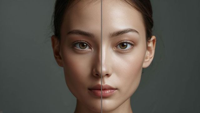 Split-face skincare comparison showing retouch versus natural skin on asian female