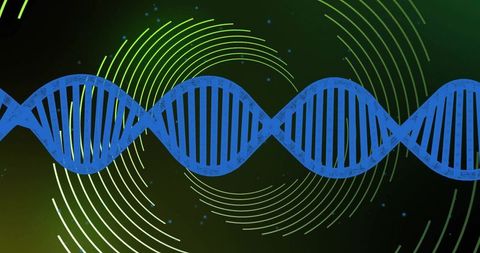 Blue Double Helix on Digital Gradient Background with Green Arcs