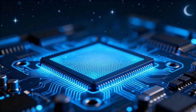 Glowing cyan microprocessor radiating neon traces on circuit board with starry backdrop