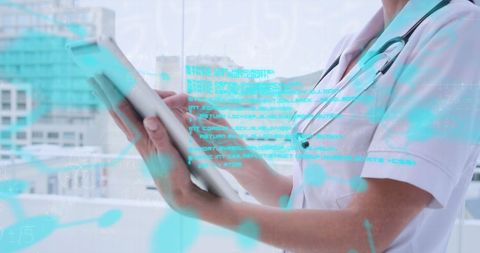 Female Doctor Using Digital Tablet with Futuristic Data Interface