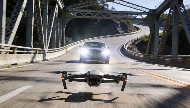 Compact drone hovering over mountain truss bridge with oncoming car and bright headlights