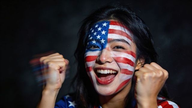 Young woman cheering with american flag face paint and raised fists celebrating victory