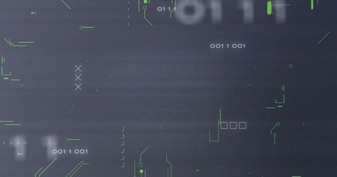 Neon Circuit HUD Overlay Displaying Binary Code, Futuristic Interface Elements on Dark Grid