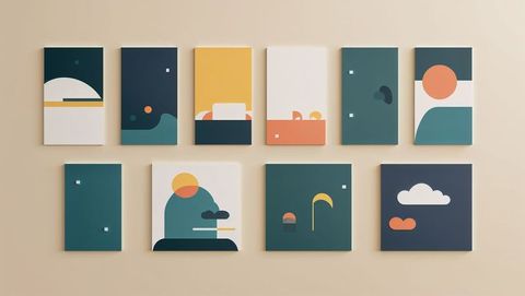 Modern geometric abstract art showcase in minimalist gallery setting