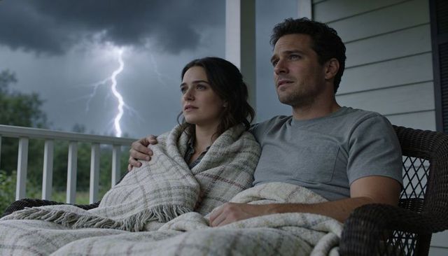 Couple watching lightning from front porch wrapped in plaid blanket on wicker settee