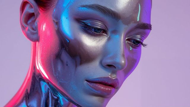 Neon chrome portrait: metallic female face reflecting cyan and magenta glossy paint