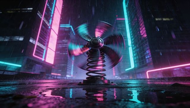 Neon rotor spinning on coil spring at rainy rooftop, cyberpunk night with wet reflections