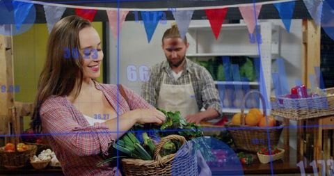 Smiling Shopper Chooses Greens at Farmers Market