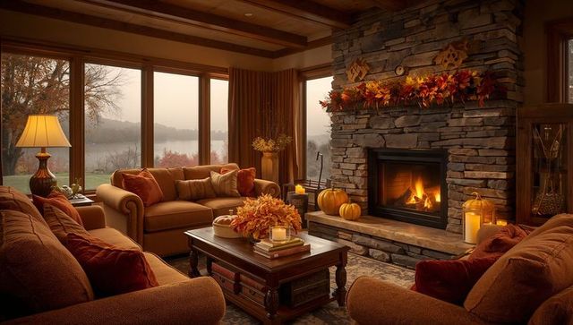 Cozy lakeside cabin living room with glowing stone fireplace, mantel and pumpkin decor