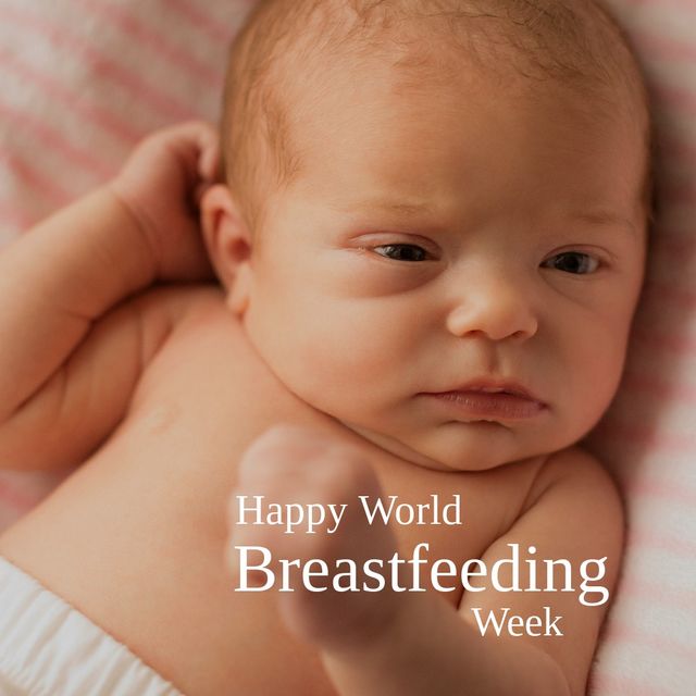 Digital composite image of cute caucasian baby lying with happy world breastfeeding week text. awareness, breastfeeding, healthcare, celebration, babyhood.