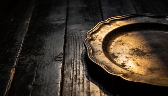 Tarnished bronze plate resting on worn wooden planks with warm highlights