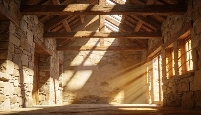 Sunlit Rustic Stone Hall with Timber Beams and Skylights Casting Dust-Filled Golden Light Rays