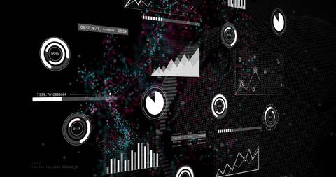 Streaming data particles with HUD analytics, radial gauges, line charts and neon interface