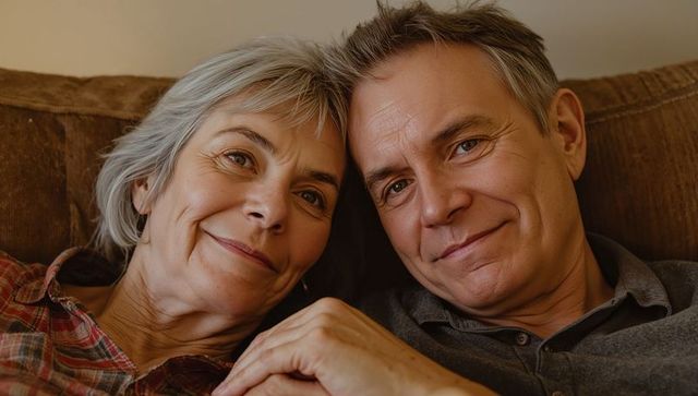 Senior couple leaning together smiling on cozy sofa showing wedding band and warmth