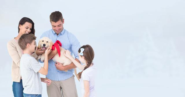 Family enjoying time together with their new puppy. Parents and children smiling and interacting with the dog. Perfect for themes related to family bonding, pet adoption, parenting, and joyful moments. Ideal for use in advertisements, family-oriented content, pet care promotions, and lifestyle blogs.