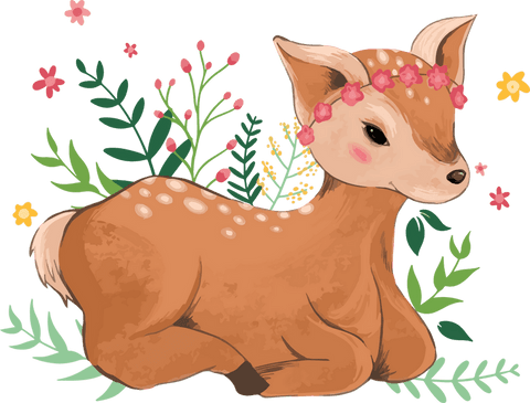 Whimsical fawn with pink garland on transparent background