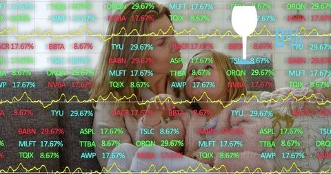 Woman and Daughter Hugging with Stock Tickers Background