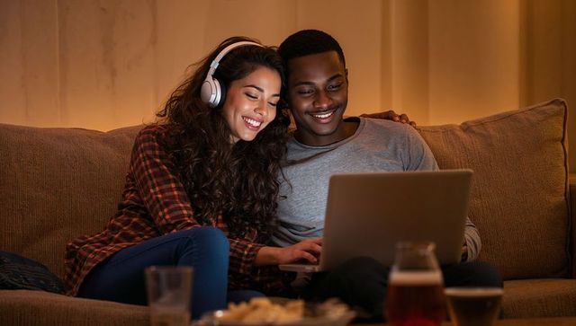 Young couple relaxing on sofa sharing laptop and headphones during cozy evening at home