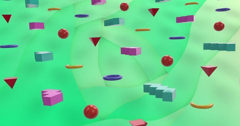 Colorful Geometric Shapes on Green Patterned Background