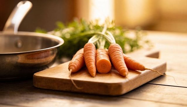Fresh baby carrots on rustic wooden cutting board with frying pan and kitchen herbs