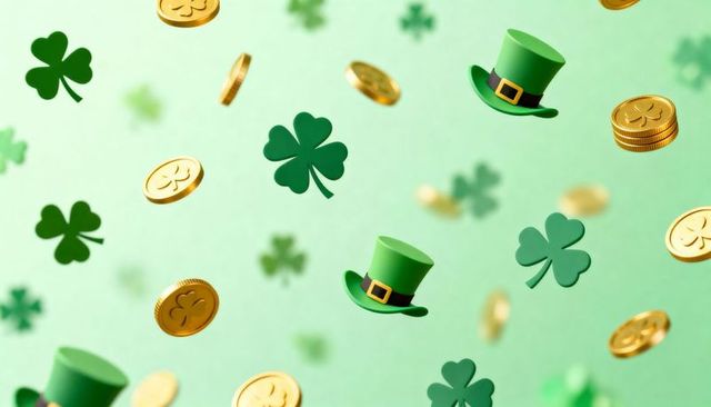 Floating shamrocks and gold coins with leprechaun hats for saint patrick's day festive green design
