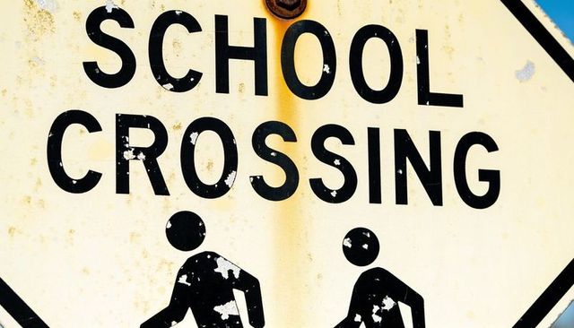 Weathered school crossing sign close-up showing rust streak, peeling paint and bolt detail