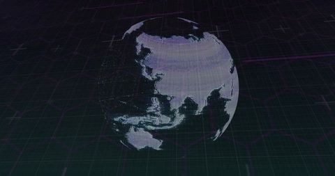Floating Holographic Wireframe Globe Showing Asia with Neon Grid Hex Overlay and Magenta Scanlines