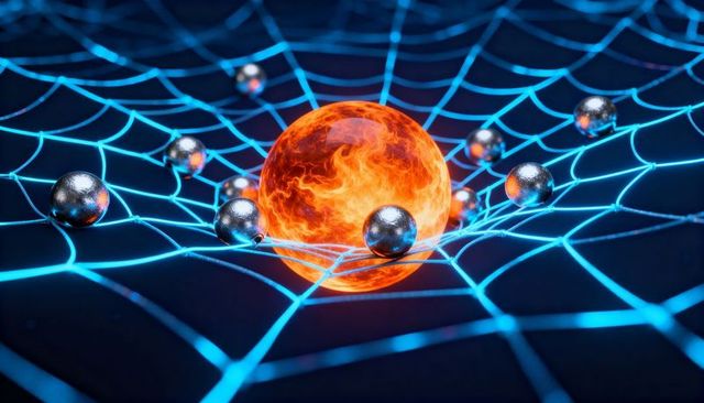 Fiery orb warping neon grid with reflective metallic spheres, abstract gravity concept