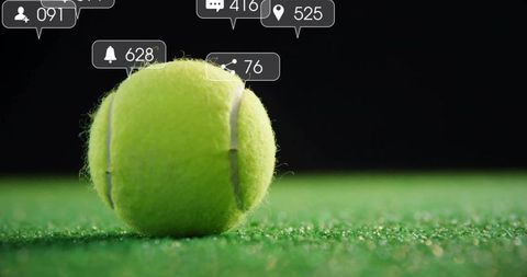 Yellow tennis ball on court with social media interaction graphics