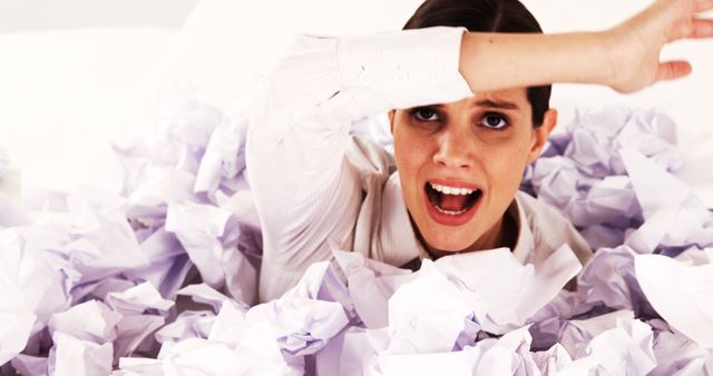 Frustrated Woman Surrounded by Crumpled Papers - Download Free Stock Images Pikwizard.com