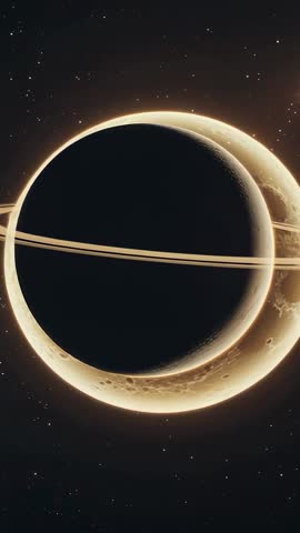 Orbiting Reveal of Ringed Planet with Glowing Crescent in Vertical Cinematic Space Video