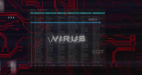Translucent cyber terminal displaying virus alert over red circuit board interface