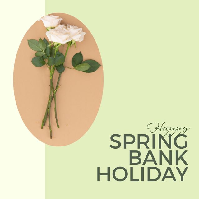 Illustration includes white roses placed in an oval shape with text 'Happy Spring Bank Holiday' on a pastel background. Ideal for holiday greetings, celebration announcements, seasonal posts, and festive cards.