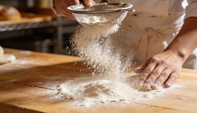 Baker sifting flour over wooden bench in commercial bakery, hands dusting dough with sieve