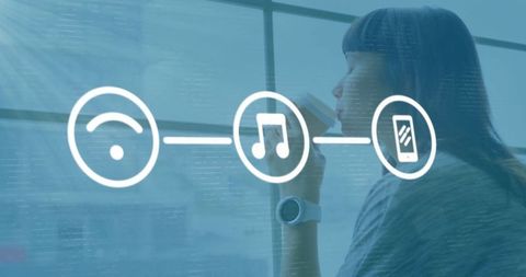 Woman Enjoying Coffee with Technology Media Icons Concept