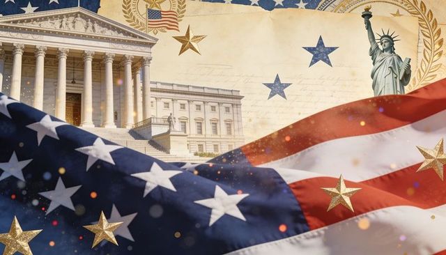 Waving american flag with capitol columns and statue of liberty celebrating patriotic unity