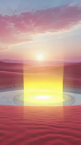 Emerging yellow light column reflecting in circular basin over pink sand dunes at sunrise