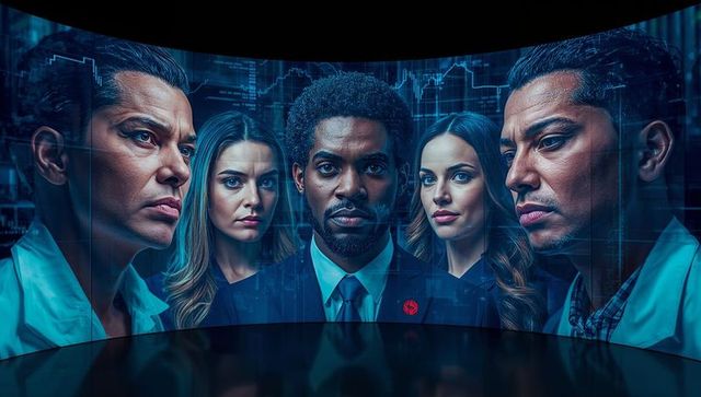 Corporate Team Analyzing Data on Curved LED Display