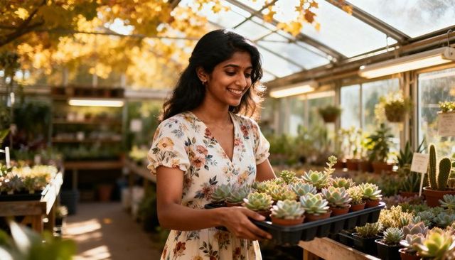 Smiling woman holding tray of succulents in sunlit greenhouse wearing floral dress