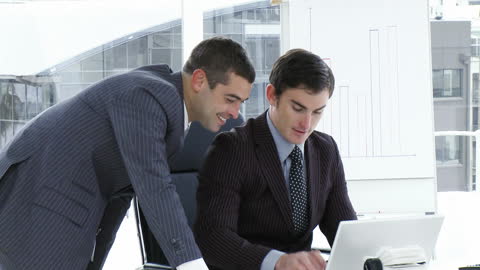 Two Businessmen Collaborating on Laptop in Modern Office