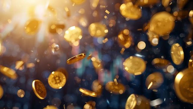 Golden bitcoin coins falling through digital market with bokeh light and motion