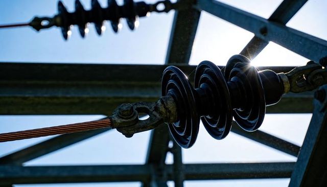 Disc insulator string connecting copper conductor to steel lattice pylon with sun flare